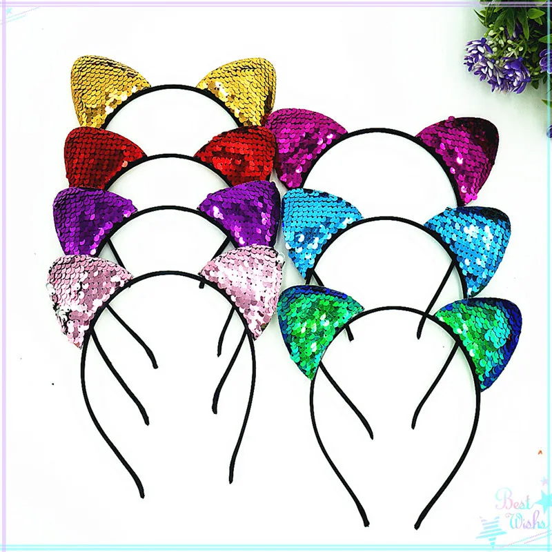 

10 PCS/lot Satin Hairband Reversible Sequin Cat Ears headband Shiny ears headpiece Funny Party Favors Birthday Gift