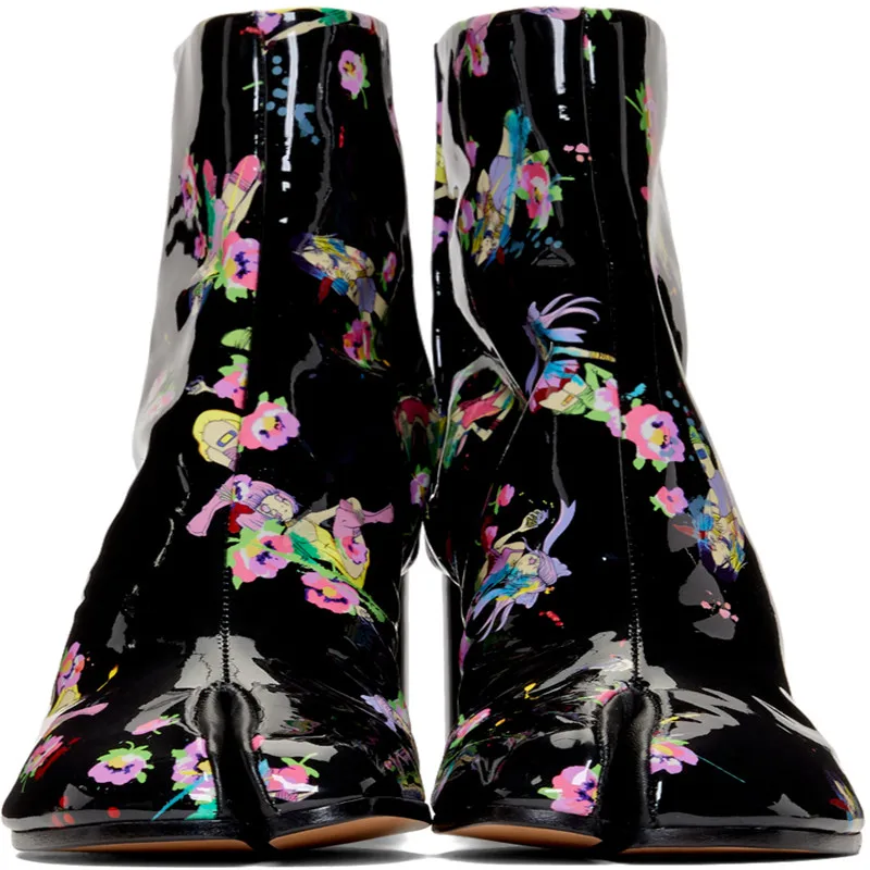 Runway Print Genuine Leather Split Toe Ankle Boots Woman Chunky High Heel Women Boots Black Roman boots zapatos de mujer