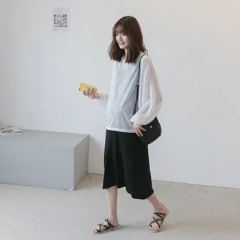 

korean maternity clothes Dresses 2pcs Lace Tops and Striped Dress for Pregnancy Women Korean Breastfeeding Dress Clothes