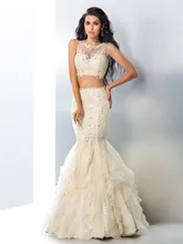 2016 Beige Meerjungfrau Zwei Stücke Prom Kleider Lange Crop Top Sleeveless Wulstige Spitze Appliques Formale 2 Stücke Prom Party Kleider