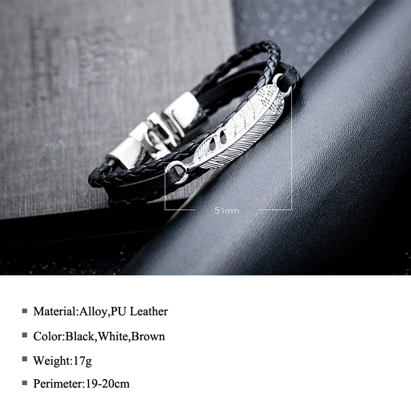 NIUYITID Feather Bracelet Man Leather Alloy Metal Charm Braslet For Men Handmade Friendship Bracelets & Bangles (4)