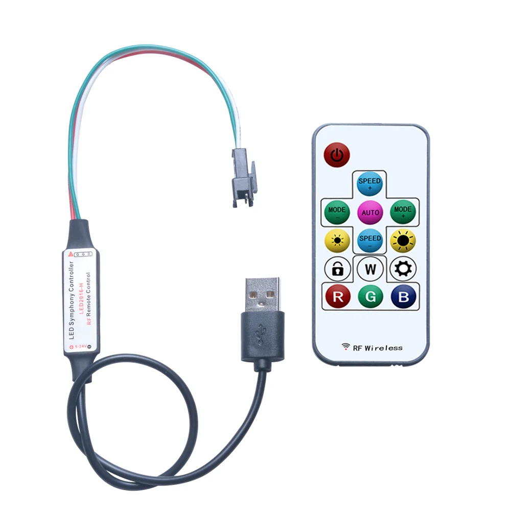 

DC5V-24V 12V USB pixel led strip controller for WS2812 WS2811 SK6812 RGB RF remote 14 key 3pin connector cable brightness adjust