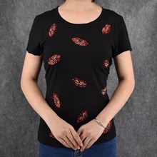 Топ продаж, женские футболки с короткими рукавами, модная футболка с блестками и принтом губ, тонкая женская футболка, хлопковая футболка, футболки