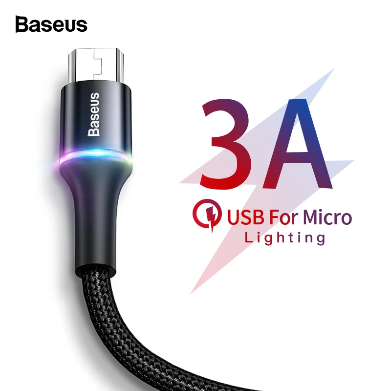 Baseus LED الإضاءة المصغّر usb كابل 3A سريع شحن شاحن مايكرو كابل يو اس بي لسامسونج Xiaomi شاحن هاتف محمول يعمل بنظام تشغيل أندرويد سلك الحبل 2 m