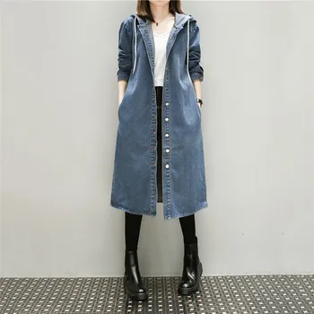 

Trench Coat Women Blue XL-5XL Plus Size Loose Denim Windbreaker 2019 New Spring Autumn Long Single-breasted Hooded Trench LD592
