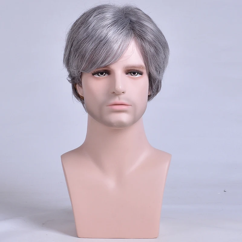 MSIWIGS Short Silver Grey Wig Mens Synthetic Hair Old People Wigs Straight for the aged White Color