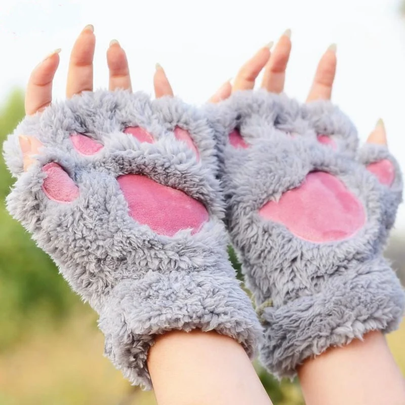 

2018 Winter Lovely Women Cat Claw Fluffy Plush Glove Winter Half Covered Soft Toweling Mittens 8 Colors