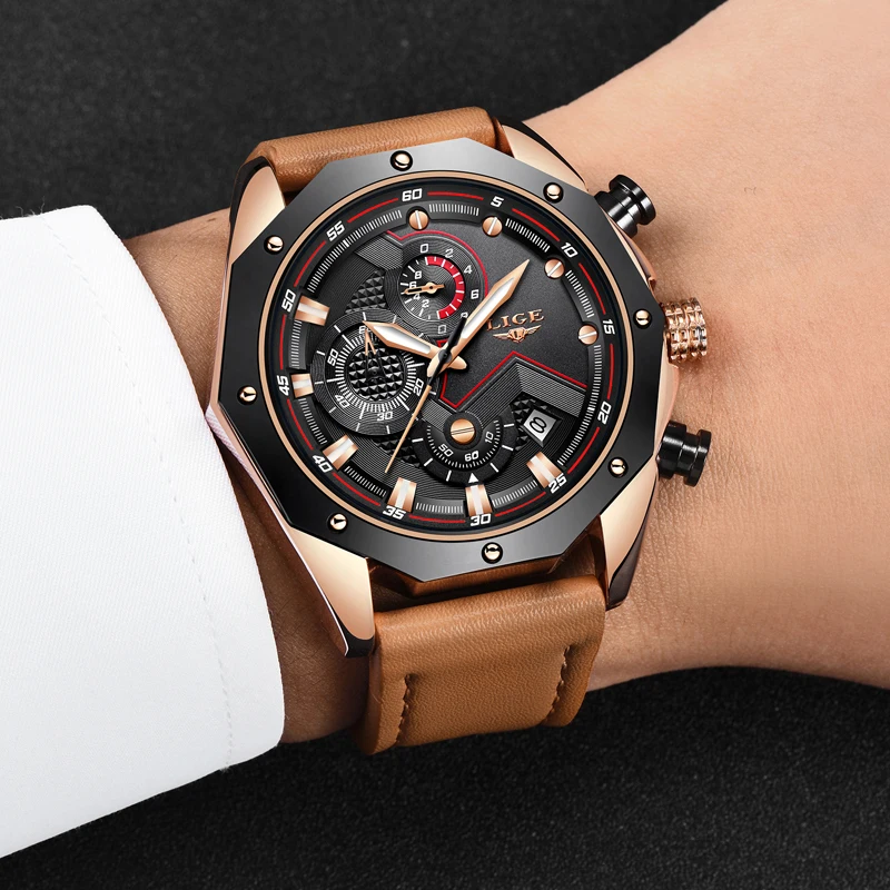  LIGE Mens Watches Top Brand Luxury Quartz Gold Watch Men Casual Leather Military Waterproof Sport Wristwatch Relogio Masculino
