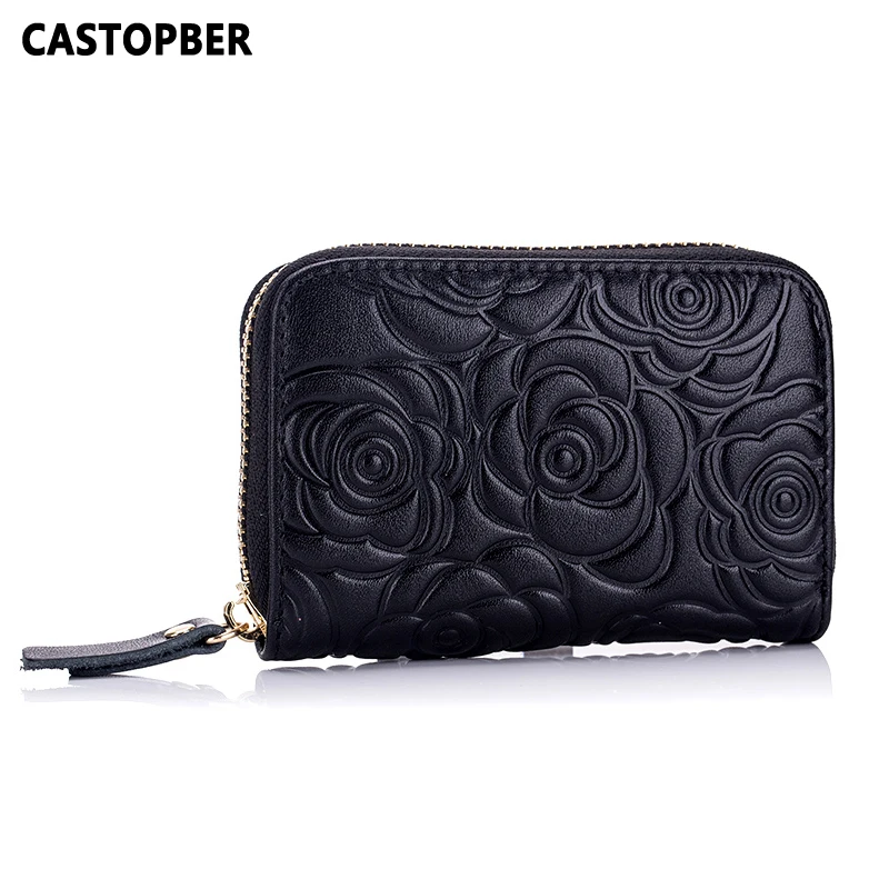 

Men Oil Wax Leather RFID Card Case Embossed Rose Flower Cow Genuine Leather Card Holders For Women Retro Bag High Quality Famous