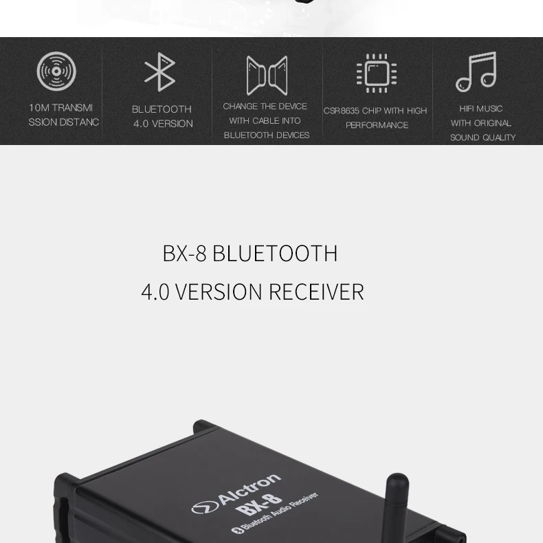 Alctron BX-8 беспроводной Bluetooth аудио приемник 4,0 Bluetooth беспроводной аудио конвертер CSR8653 10 м расстояние передачи BX8