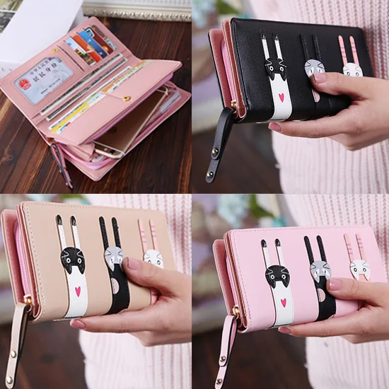 Fashion Brand Lovely Women Cute Cartoon Cat Wallet PU Leather Long Coin Purse Female Card Holder Wa