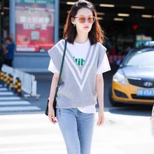 Новинка года; сезон осень; элегантный дизайн; v-образный вырез; без рукавов; Цвет V; полосатый Повседневный Свободный жилет для девочек; свитер