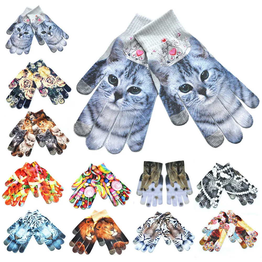 

LNCIDS Unisex Men Women Winter Warm 3D Print Knitted Phone Screen Kitty Pet Cute Gloves Handschoenen Dames Hiver Femme 20