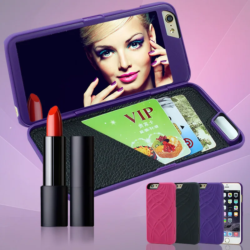 Slim Leather Hard Back Card Slots Cover Case For iphone 6 6S Fundas Fashion Lady Makeup Mirror Case For iPhone 6 6S Plus Capa