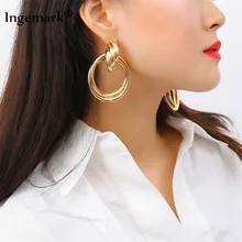 Ingemark панк, двухслойные большие круглые серьги, Преувеличенные, сплав, скрученные, золото, серебро, индивидуальные серьги-клипсы, ювелирные изделия для женщин