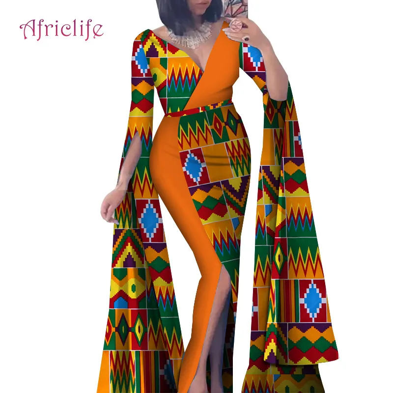 Сегодня предложение Африканский Базен ткань платье для бассейна Сексуальные Женщины Глубокий V дизайн лоскутное вилка Африканский принт платья юбка WY4636