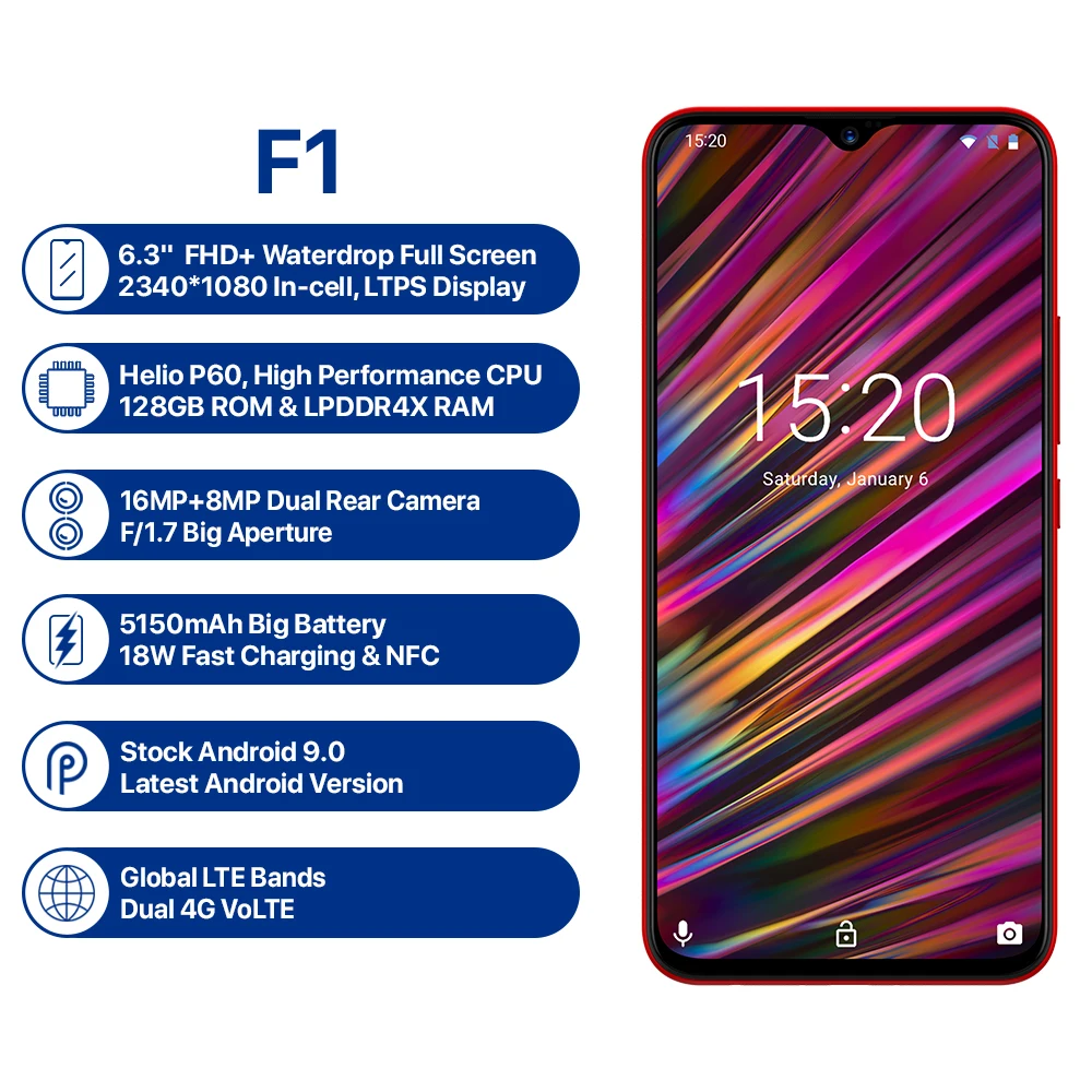 UMIDIGI F1 6," Дроп FHD Смартфон Android 9,0 Helio P60 AI глобальная полоса 128 ГБ 5150 мАч мобильный телефон NFC 16 МП 4G сотовые телефоны