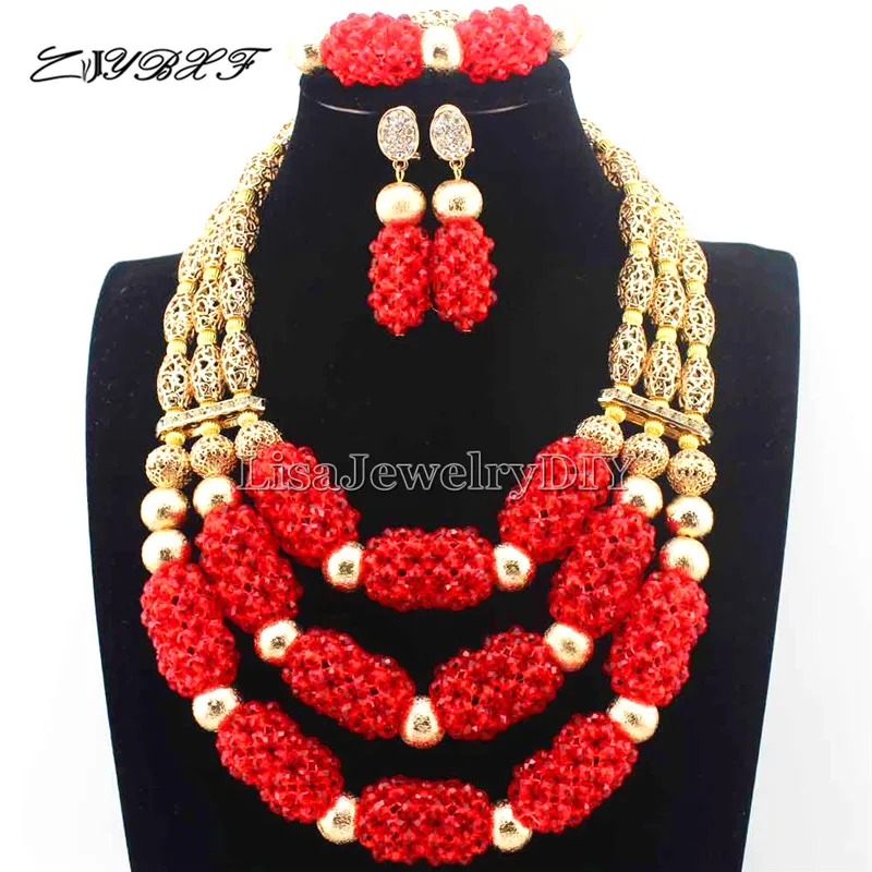 

New Shinny Red Nigerian Wedding African Beads Jewelry Set 3 Steps Bold Statement Necklace Set Free Shipping L1118
