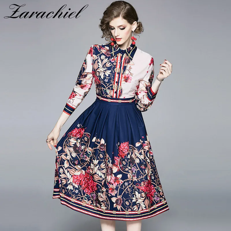 

2019 Autumn Fashion Designer Vintage Shirt Dress Women Long Sleeve Turn Down Collar Flower Print Striped Runway Midi Dress