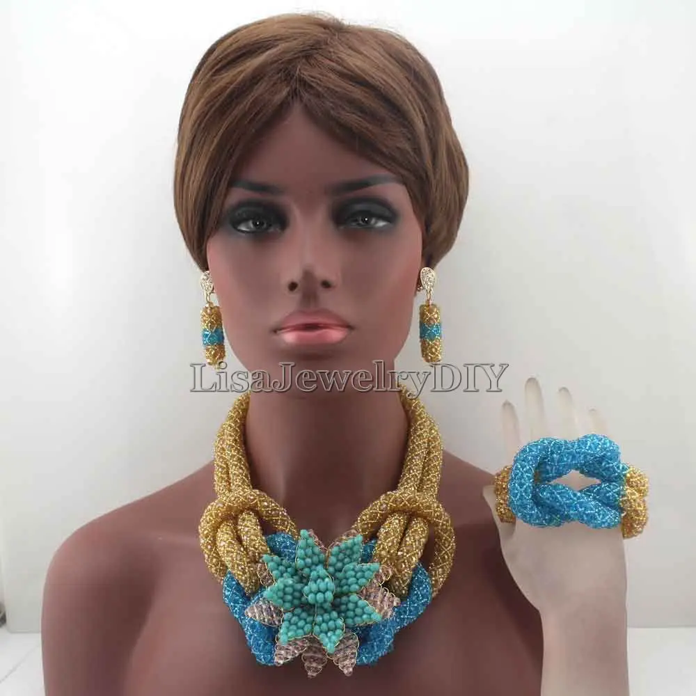 2016 /Sky Blue Plated Bridal Jewelry Set Flower Chunky Nigerian Wedding African Beads Indian Costume Free Shipping HD8054