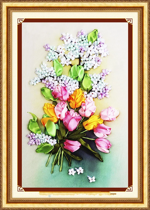 

Needlework,DIY Ribbon Cross stitch Set for ribbon Embroidery kit,Love of Tulip Flowers Cross-Stitch painting wall home decor