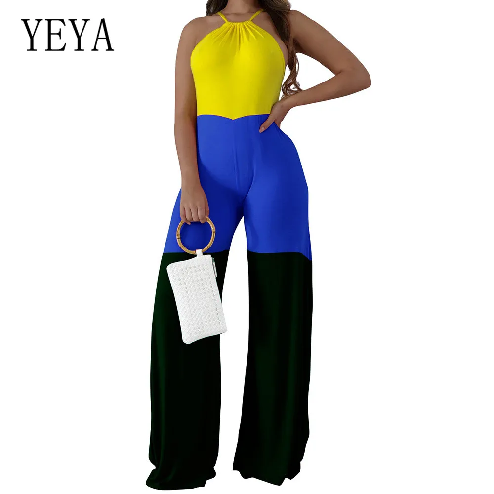 YEYA Fashion 3-color Patchwork Wide Leg Jumpsuits Elegant Sleeveless Halter Loose Playsuits Summer Casual High Street Overalls YEYA Fashion 3-color Patchwork Wide Leg Jumpsuits Elegant Sleeveless Halter Loose Playsuits Summer Casual High Street Overalls