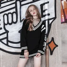 Wind Long-style Sweater Buttocks Collision Color V-collar Long-sleeved Sweater Knitted Tide 2019 Black Pullovers Sweater