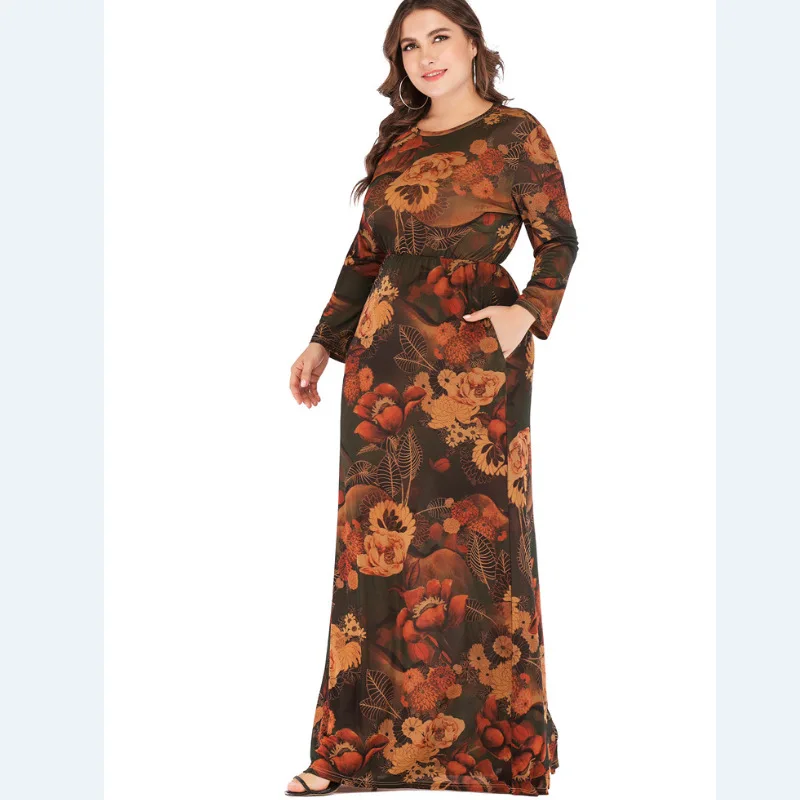 

Autumn 2019 Women Long Dress New large size Women's long-sleeved Round Neck Winter Vintage Print Plus Size 5XL 6XL Maxi Dress