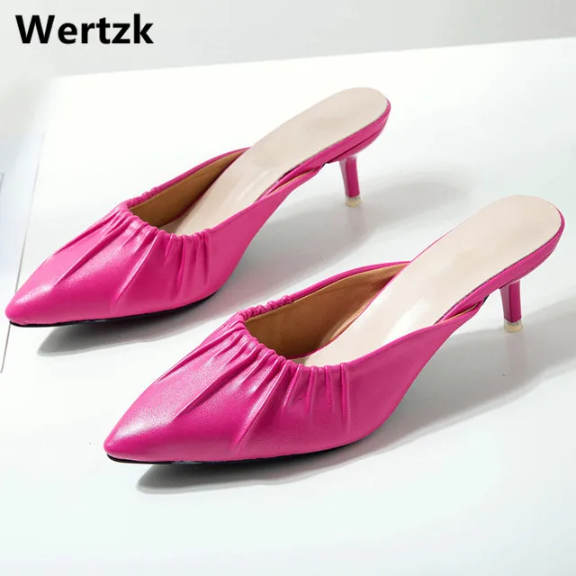 

Wertzk 2019 Pointed Toe High Heel Women Sandals Black Pleated Heel Sandals Summer Elegant Women Mules Shoes F008
