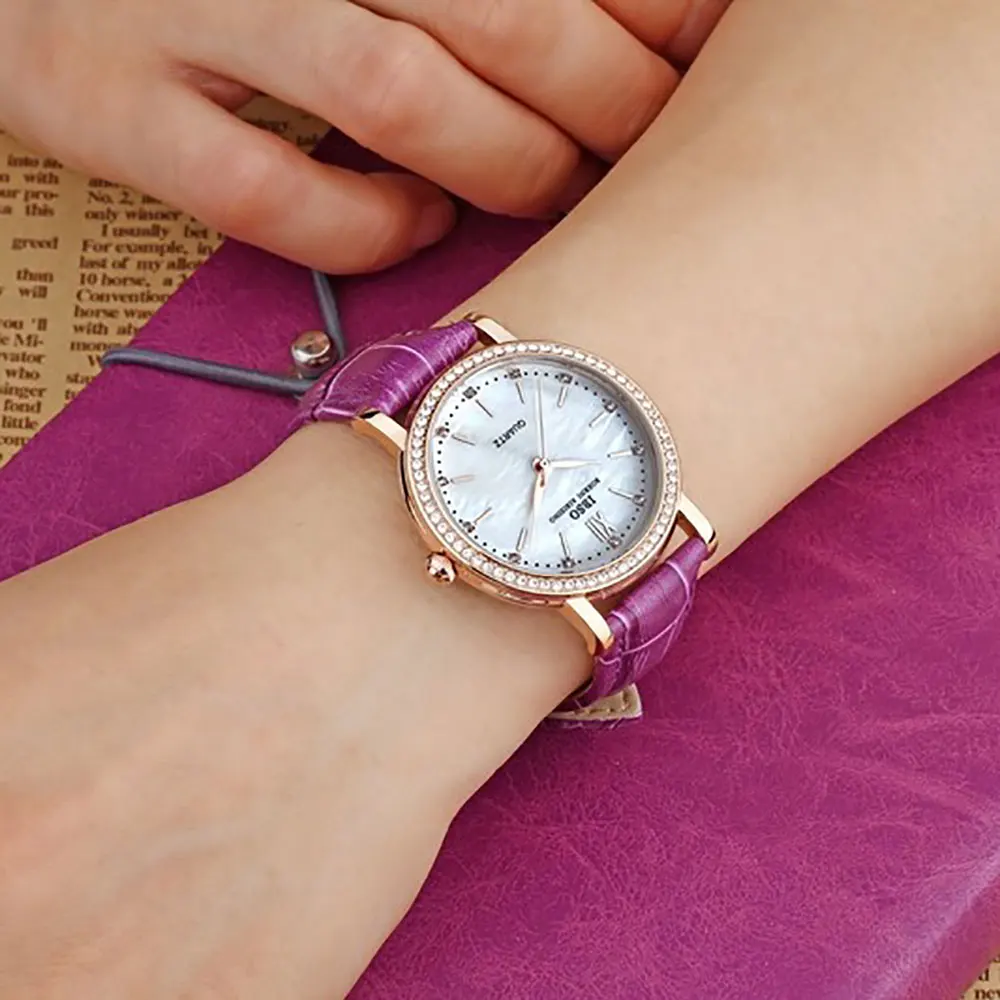 IBSO брендовые модные часы женские из натуральной кожи ремешок роскошные кристаллы алмаза в виде ракушки циферблат Кварцевые часы для женщин 3992