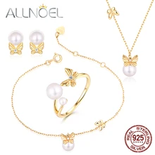ALLNOEL Ювелирные наборы из натурального жемчуга, ожерелье, браслет, серьги, кольцо для женщин, Серебро S925, драгоценный камень, ювелирные изделия на День святого Валентина