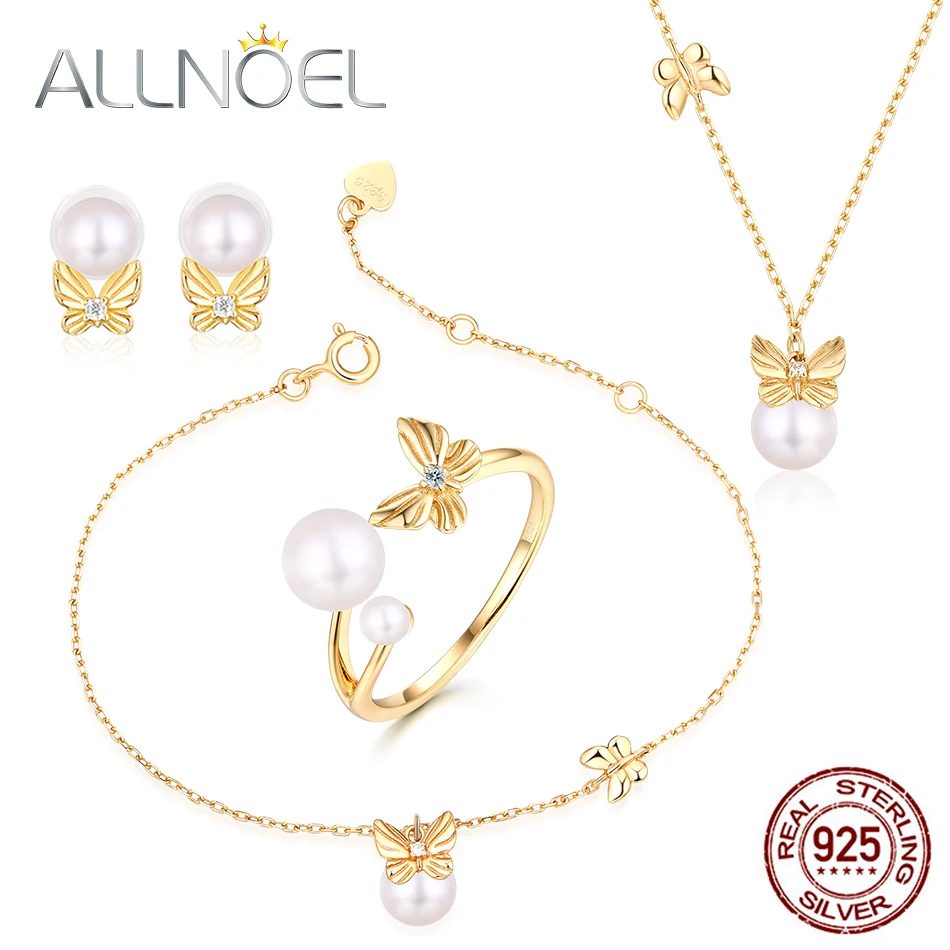 

ALLNOEL Natural Pearl Jewelry Sets Necklace Bracelet Earrings Ring For Women Silver S925 Gemstone 2019 Valentine's Day Jewellry