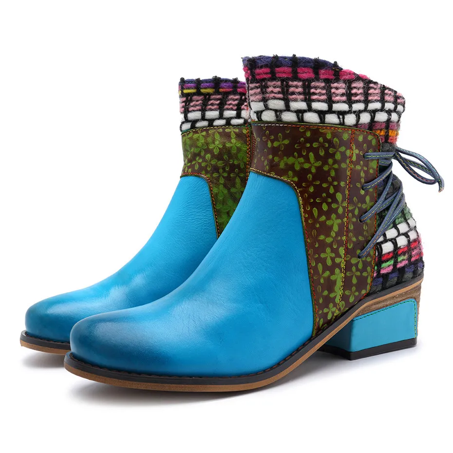Retro Blue Ankle Boots For Women Spring Autumn Handmade Genuine Leather Shoes Woman Splicing Cowboy Western Boots Women Booties (16)