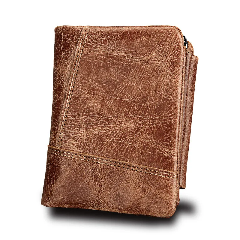 

Unisex Short Wallets Solid Sample Style Zipper Genuine Cow Leather Compartment Fold Purse Card Horder Coin Pocket RFID Wallet