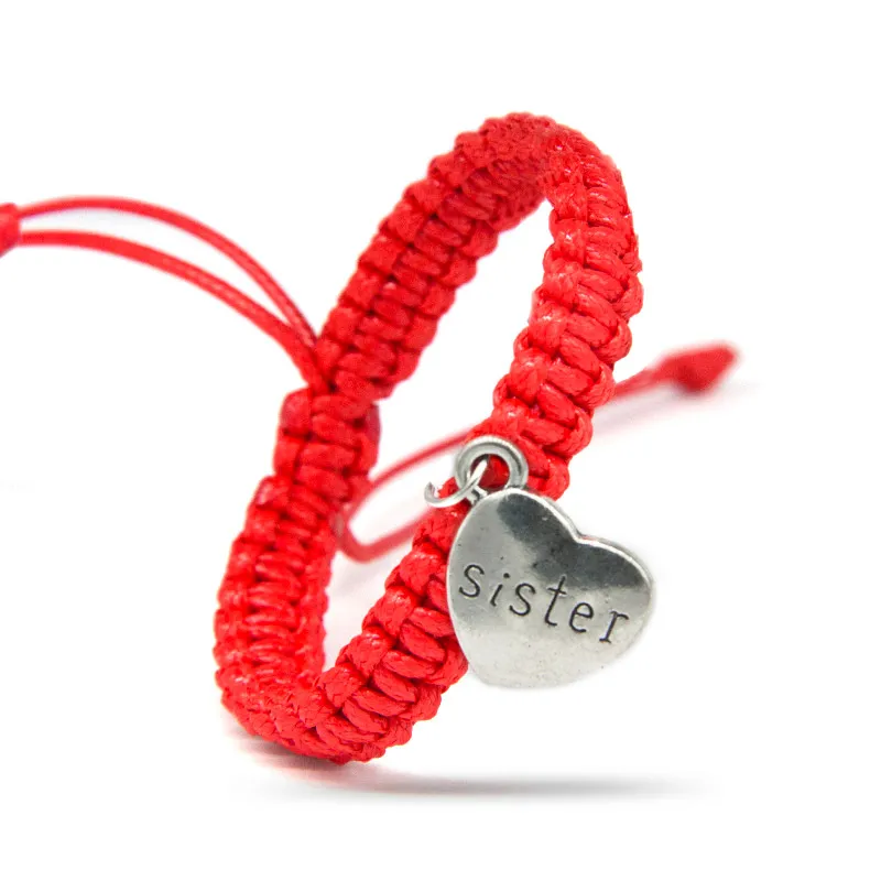 

Cute Delicate Black White Red Charm Bracelets for Brother Sister with Silver Words Heart Rope Chain Adjust Size Jewelry Gifts