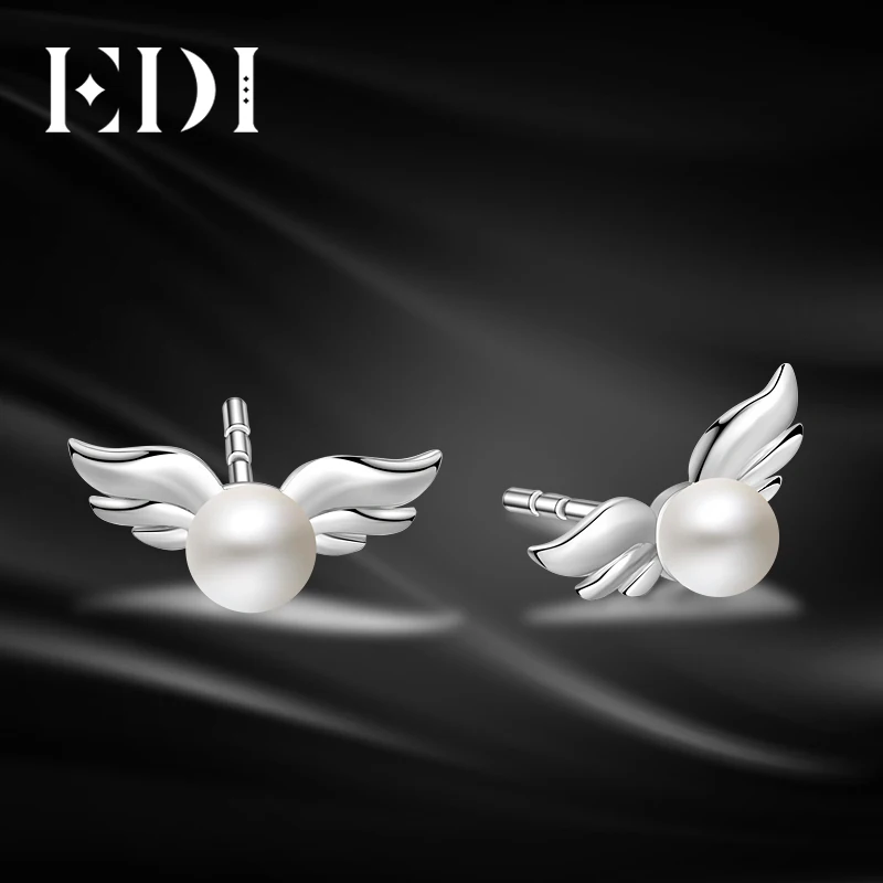 EDI 925 Sterling Silver 4mm Natural Freshwater Pearls Angel Wings Stud Earrings For Women Cute Jewelry
