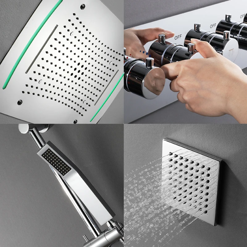 Bathroom Shower Set Thermostatic B Shower Faucets LED Ceiling Rainfall Showerhead Misty Waterfall Rain Shower With Slide Bar