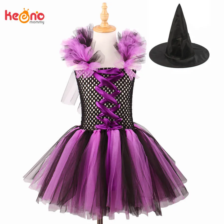 

Girls Halloween Witch Tutu Dress Handmade Purple Black Striped Dress with Hat for Carnival Cosplay Party Photo Props