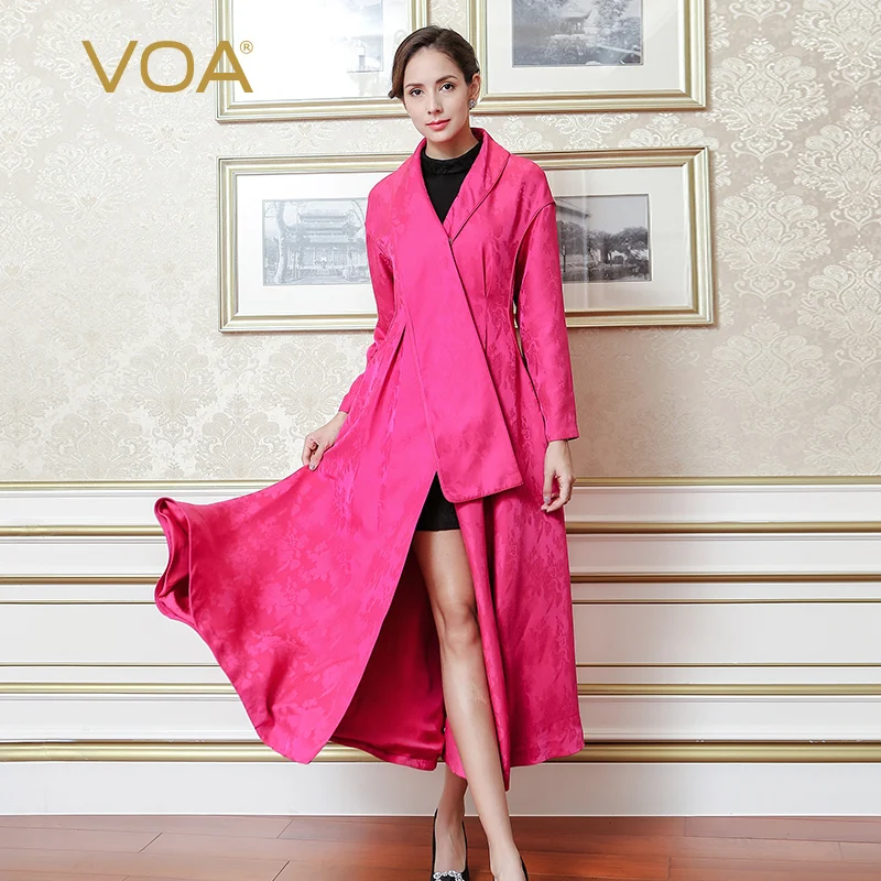 VOA 2017 Fall Winter Fashion Rose Red Plus Size Zijde Jacquard Maxi Lange Jas Lange Mouwen Slanke Vrouwen Trenchcoat FLX00601