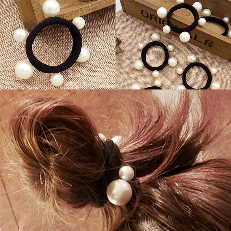 3Pcs Imitation Pearls Elastic Black Bands Girl Fashion Rope Gum Rubber Band Tie Bun Holder Hot Sale
