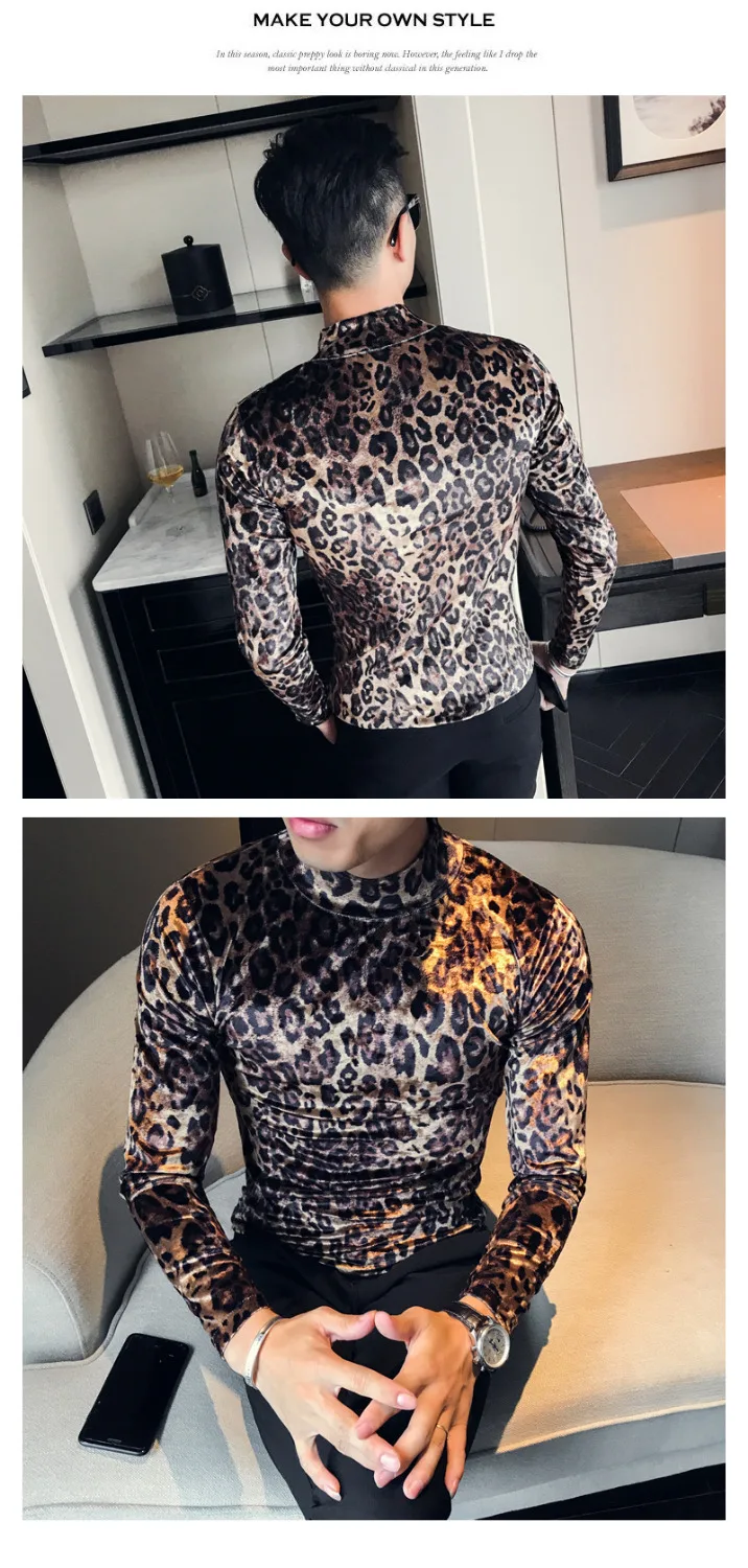 Mstyle Mens Fall /& Winter Slim Leopard Print Long Sleeve Crew Neck T-Shirt Tee