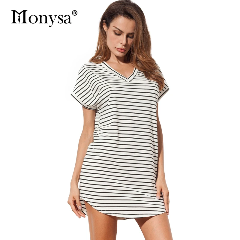 T shirt dress женщины 2017 лето новые поступления черный и белый полосатый дамы v шеи с