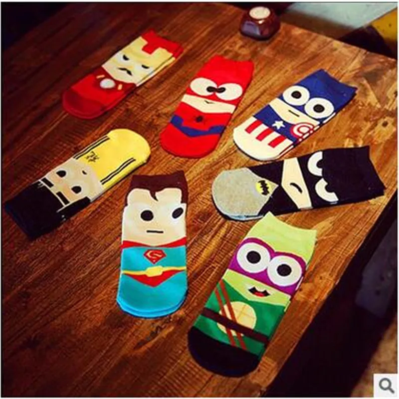 

Cartoon Men Cute Socks Hip Hop Ninja Batman Superman SpiderMan Captain America Avengers Short Fashion Male Harajuku Sokken