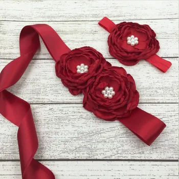 

Wedding Jewelry Belt Ceinture Robe De Mari Red Or Green Rose Flower Pearl Chiffon Girl Pregnant Woman Belt Bridal