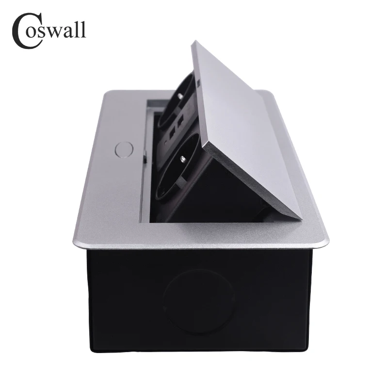 Comprar Placa de aleación de Zinc COSWALL 16A Slow POP UP 2 enchufe de la UE puerto de carga USB Dual 2.1A mesa de oficina toma para escritorio caja de acero negro