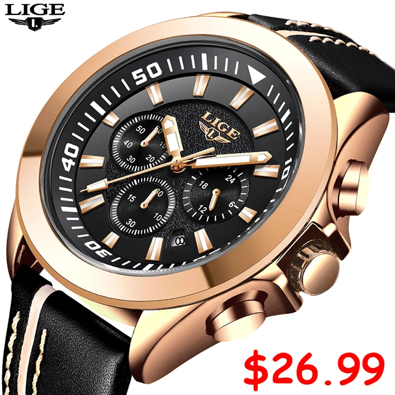 

LIGE Mens Watches Top Brand Luxury Mens Military Sports Watch Men Leather Waterproof Quartz wrist watch Relogio Masculino+Box