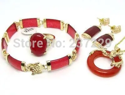 

FREE SHIPPING>>@> Wholesale price FREE SHIPPING ^^18KGP Gold Plated Red jade necklace pendant earrings bracelet Ring Lucky Sets