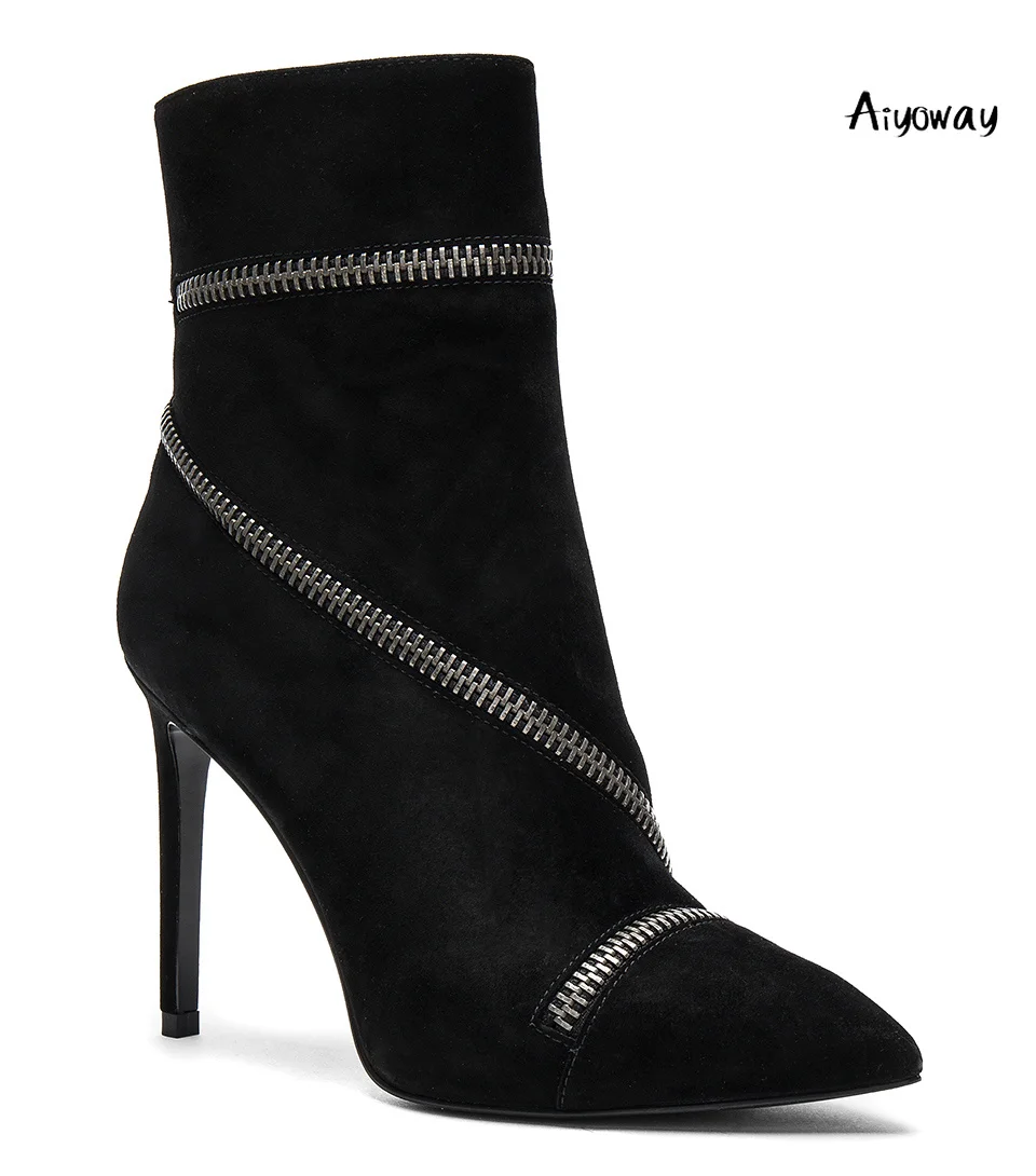 

Aiyoway Fashion Women Ladies Pointed Toe High Heel Ankle Boots Zipper Around Winter Autumn Dress Booties Black Faux Suede