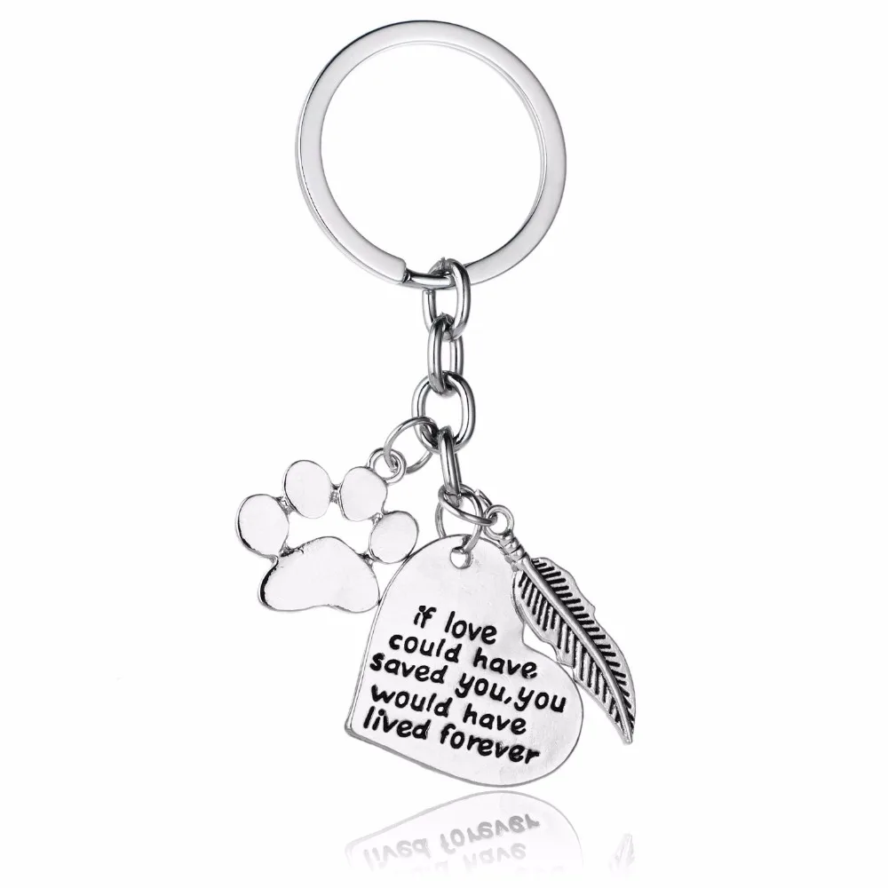 

12PC/Lot If Love Could Have Saved You Heart Keychains Dog Pet Paws Keyfob Feather Keyrings Key Chains Rings Animals Lover Gifts