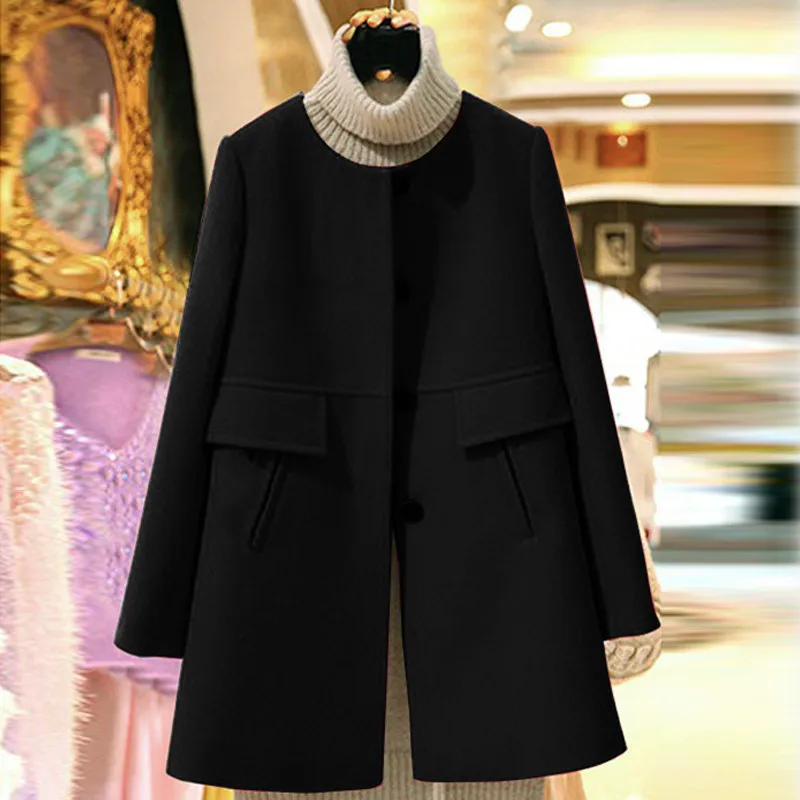 Зимнее шерстяное пальто больших размеров с длинным круглым воротником для женщин, пальто средней длины, стиль, тонкий плотный милый Тренч, куртка